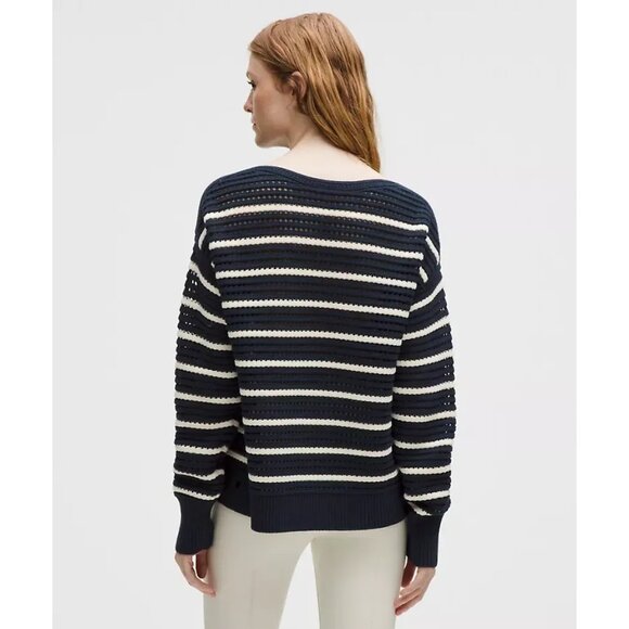 Lululemon Cotton Crochet Pullover Sweater Club Blue/Light Ivory XL Open-Knit - Picture 5 of 5